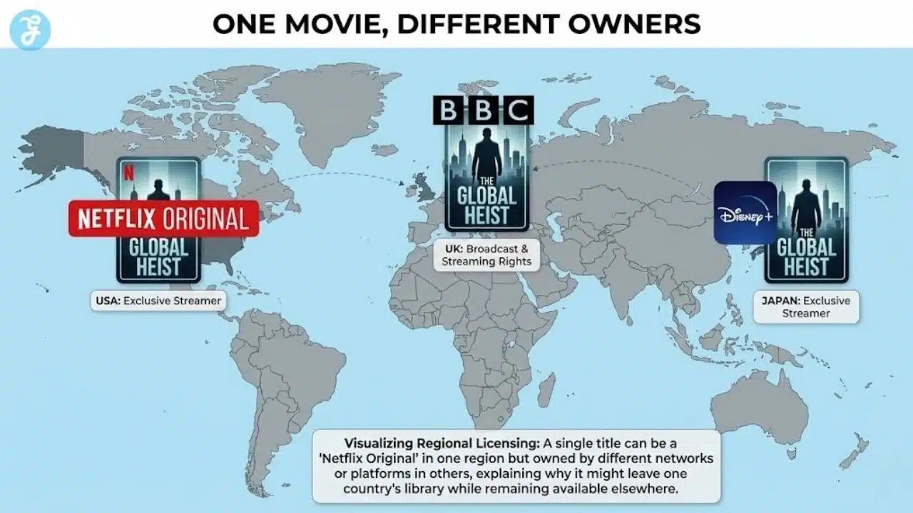 World map infographic showing how a single movie can be a Netflix Original in one country but owned by a different network in others.