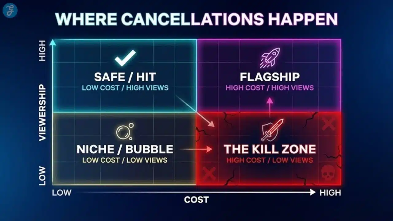 A 2x2 matrix chart showing that high-cost shows with low viewership fall into the "Kill Zone" for cancellation.