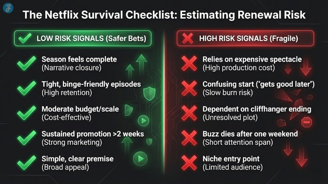 Checklist of risk signals for Netflix series renewal or cancellation.