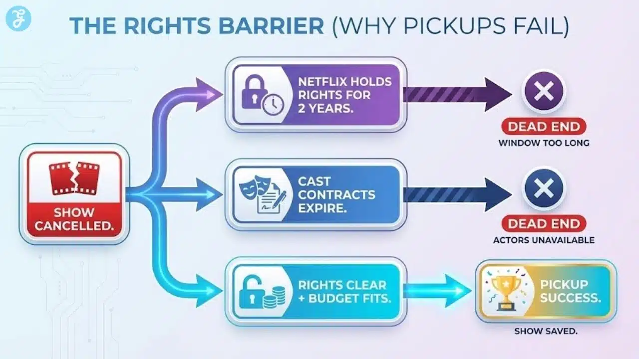 Flowchart illustrating the legal rights barriers, such as exclusive streaming windows and expired contracts, that prevent cancelled shows from being picked up.