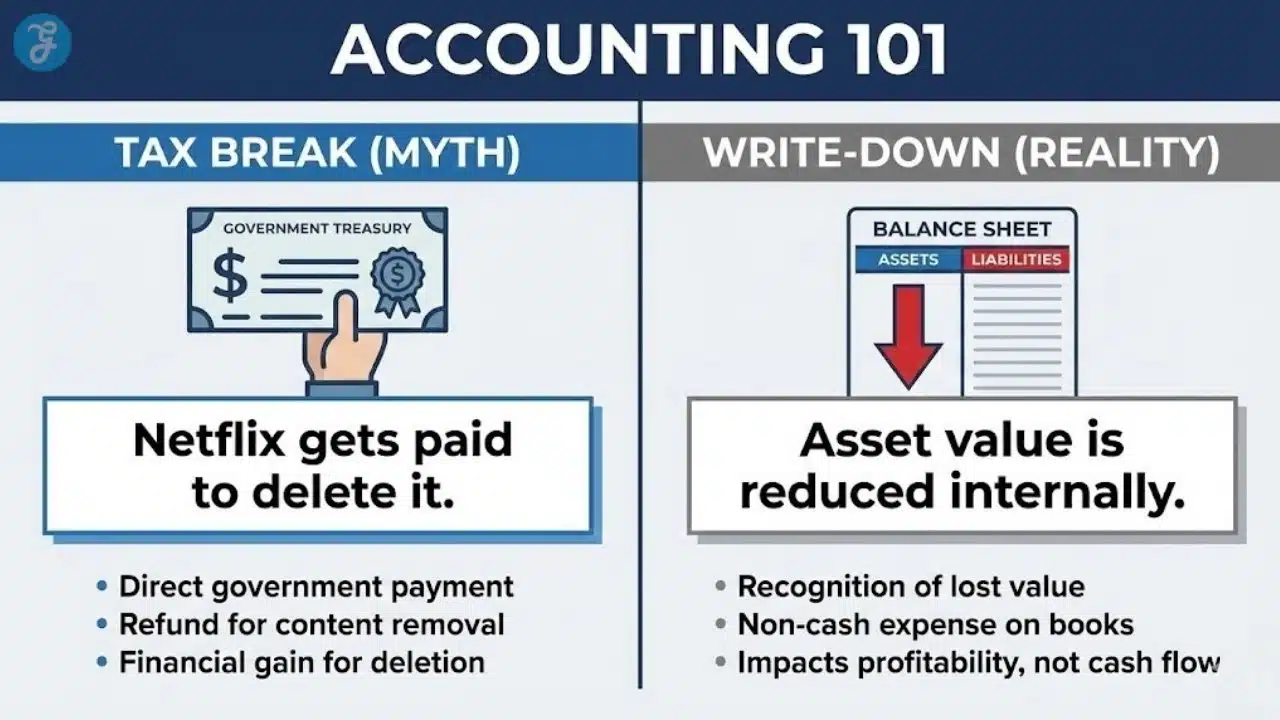 Comparison infographic explaining the difference between a "tax break" myth and the reality of an accounting "write-down" for underperforming content.