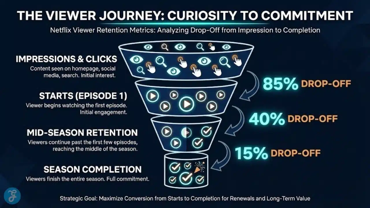 Funnel chart showing the drop-off from show impressions to season completion, explaining Netflix viewer retention metrics.