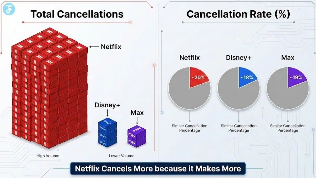 Infographic comparing the high volume of Netflix cancellations against its cancellation rate, showing that while Netflix cancels more shows, its percentage rate is similar to competitors like Disney+ and Max.