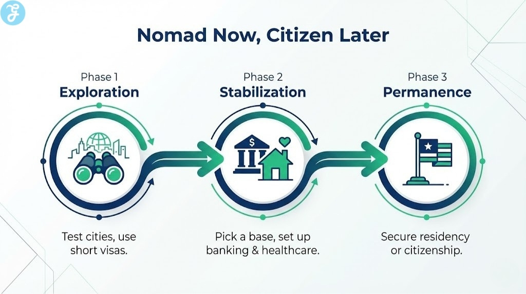 A three-phase roadmap infographic outlining the strategy of moving from exploration to stabilization and finally to permanence.