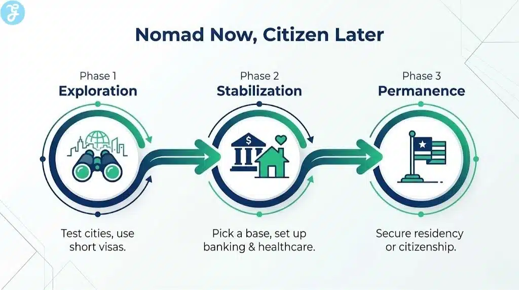 A three-phase roadmap infographic outlining the strategy of moving from exploration to stabilization and finally to permanence.