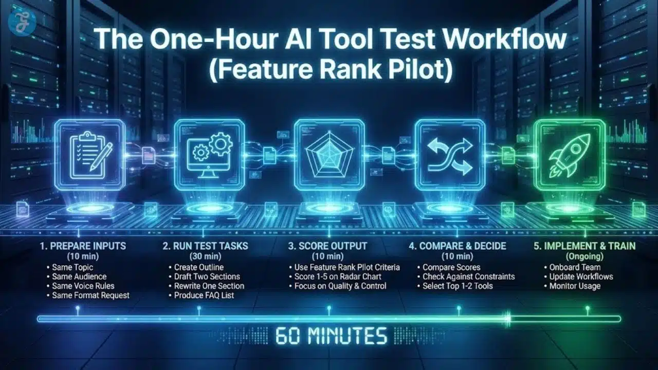 A five-step 60-minute AI tool testing workflow infographic displayed on a digital conveyor belt, showing steps from preparing inputs to implementing the selected tool.