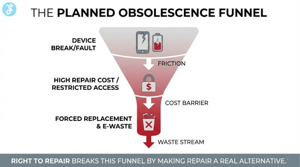 Infographic illustrating how planned obsolescence funnels consumers from a broken device through high repair costs and restrictions towards forced replacement and e-waste.