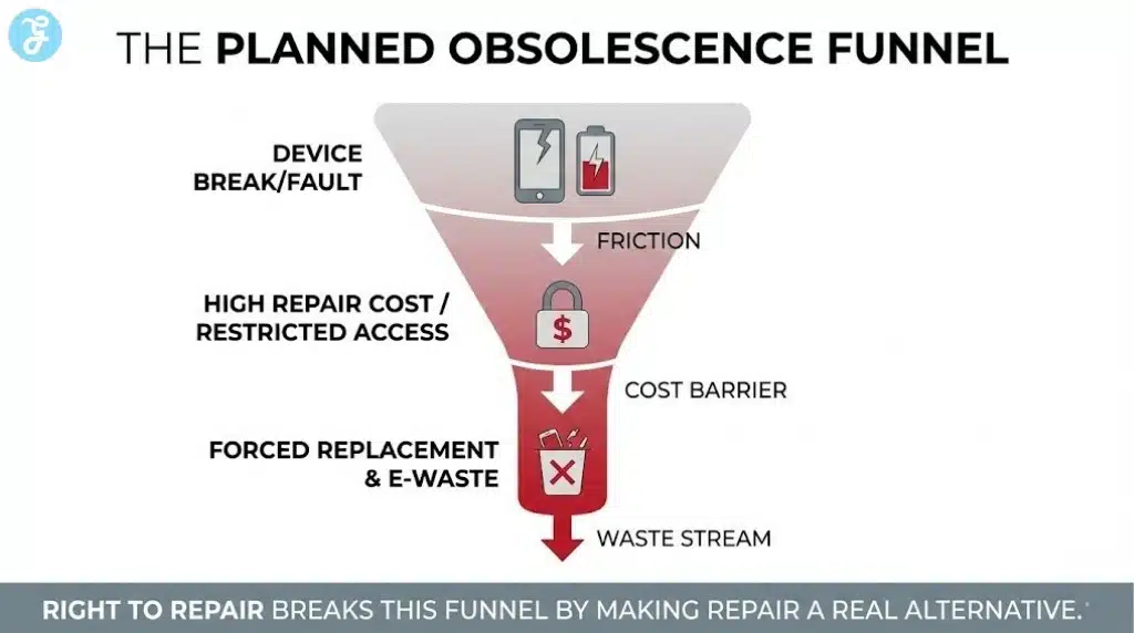 Infographic illustrating how planned obsolescence funnels consumers from a broken device through high repair costs and restrictions towards forced replacement and e-waste.