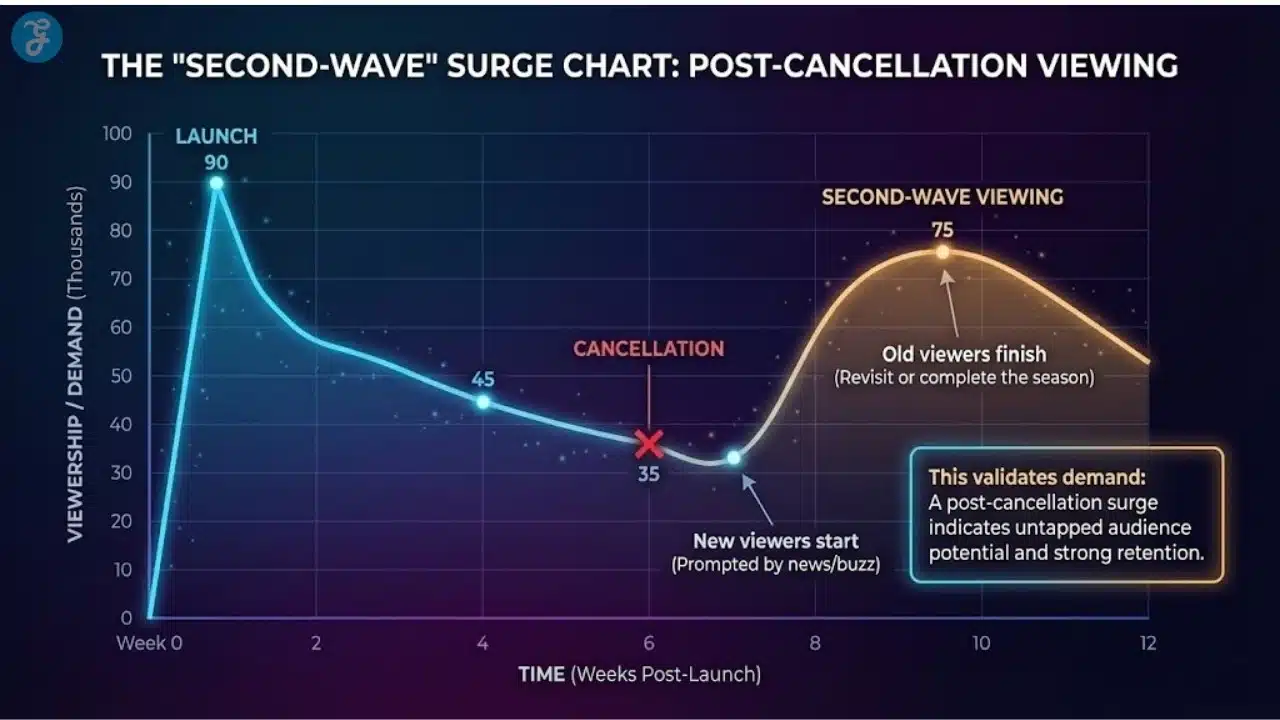 Line graph showing a "Second-Wave" viewing surge after a show's cancellation, which can signal untaped demand to streaming platforms.