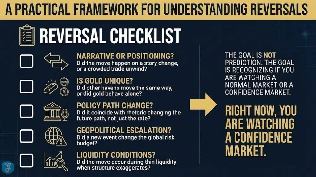 A professional 16:9 landscape infographic titled "A Practical Framework For Understanding Reversals." The main body features a "Reversal Checklist" with items like Narrative vs. Positioning and Liquidity Conditions. A conclusion box emphasizes that investors are currently watching a "Confidence Market," not a normal market.