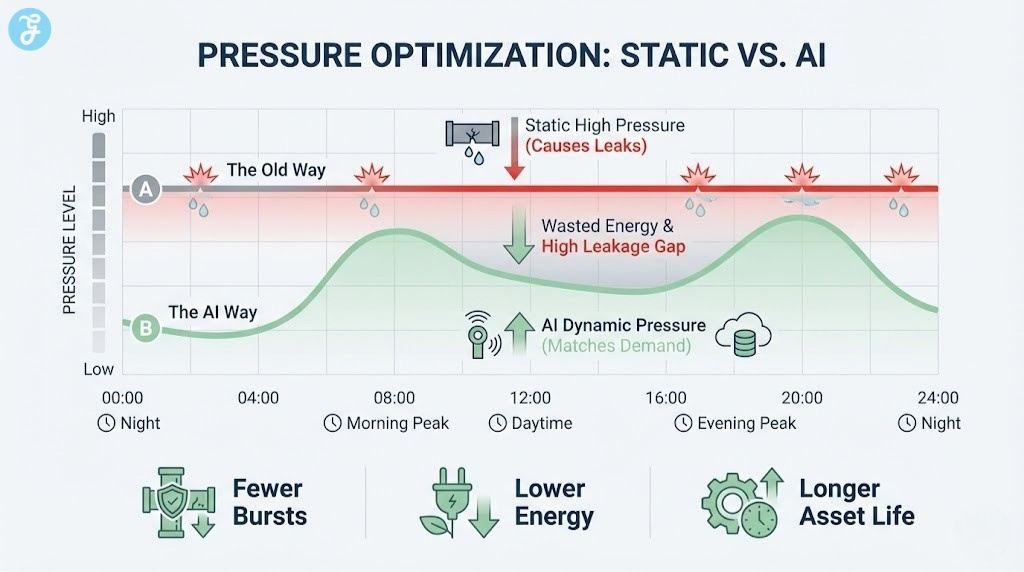 A comparison chart showing the difference between wasteful "Static Pressure" (high constant pressure) and efficient "AI Dynamic Pressure" (adjusting to demand).