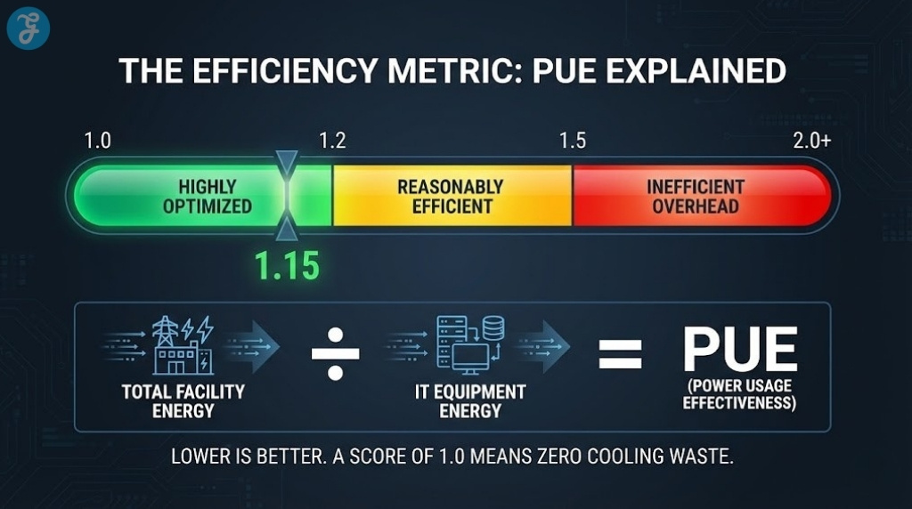 Infographic explaining PUE (Power Usage Effectiveness) with a gauge showing efficiency ranges from optimized to inefficient.