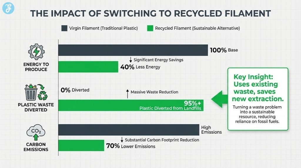 A comparative bar chart showing the environmental savings of using recycled filament versus virgin plastic in terms of Energy, Waste, and Carbon Emissions.