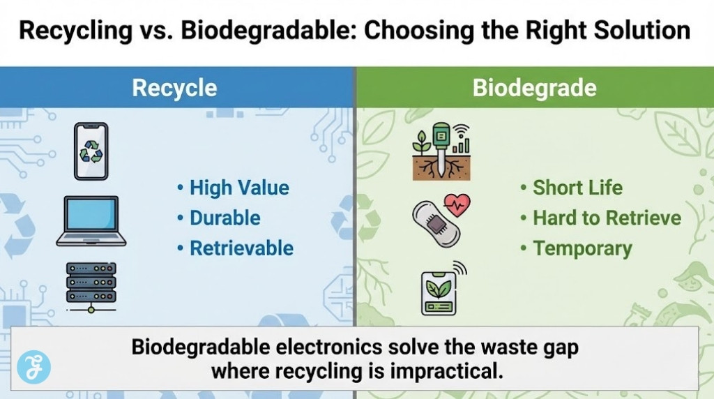 Comparison infographic distinguishing when to use recycling (durable goods) versus biodegradable electronics (temporary, hard-to-retrieve items).