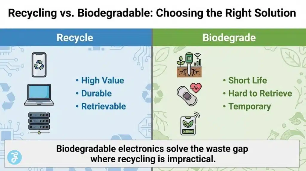 Comparison infographic distinguishing when to use recycling (durable goods) versus biodegradable electronics (temporary, hard-to-retrieve items).