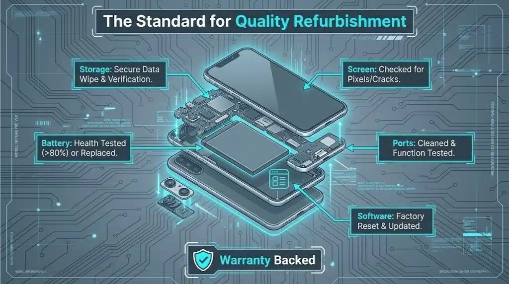 An exploded view of a smartphone highlighting the key steps in a high-quality refurbishment process: Data Wipe, Battery Test, Screen Check, and Software Reset.