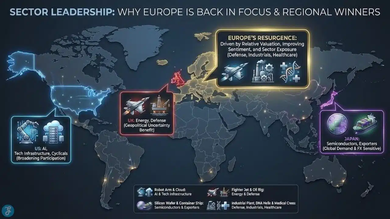World map infographic highlighting top-performing stock sectors in the US, Europe, UK, and Japan during the 2026 rally.