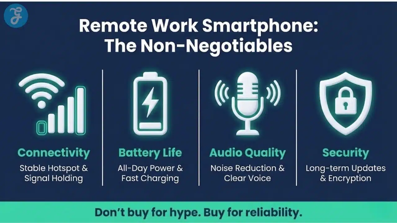 Infographic listing essential remote work smartphone specs: connectivity, battery, audio, and security.