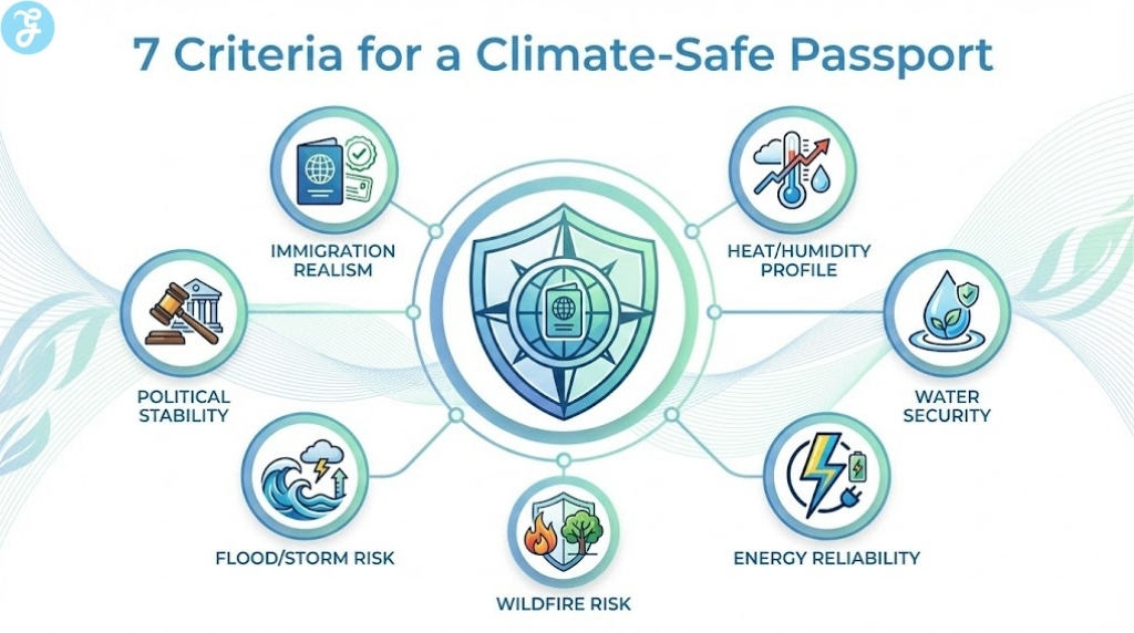 A circular diagram or shield layout illustrating the seven key criteria for choosing a heat-resilient country.