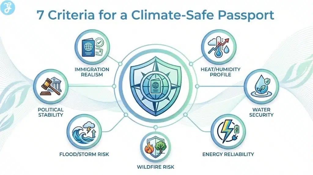 A circular diagram or shield layout illustrating the seven key criteria for choosing a heat-resilient country.