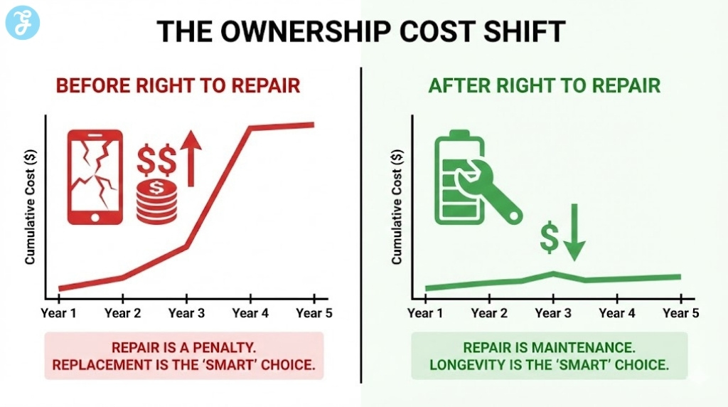 Comparison infographic showing how Right to Repair shifts ownership costs from expensive replacements to affordable maintenance, extending product life.