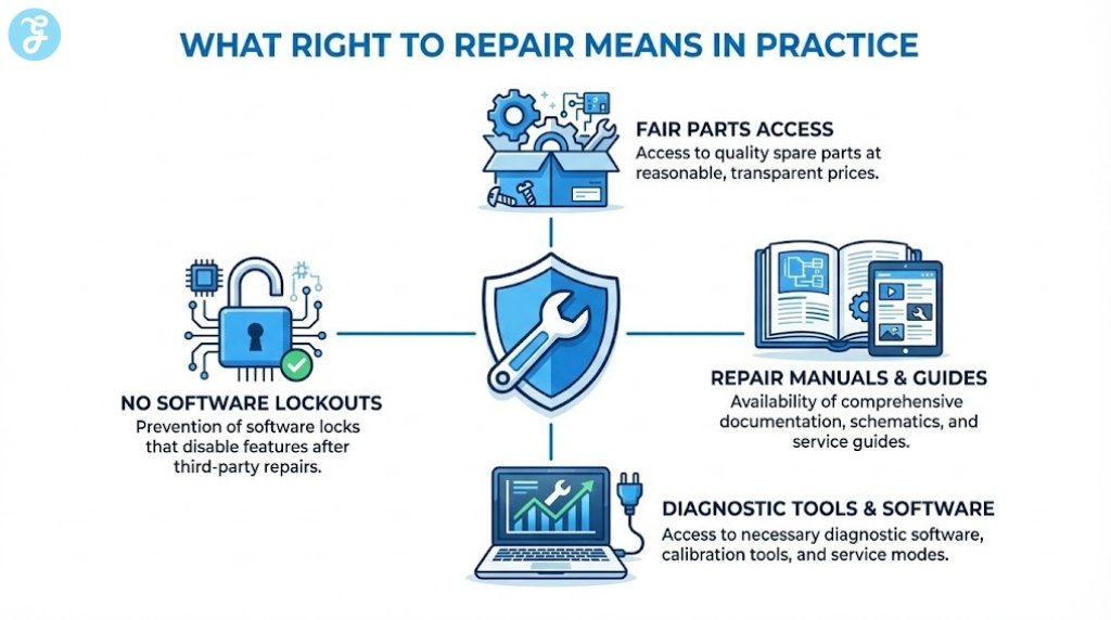 Infographic detailing the practical components of Right to Repair: fair access to parts, manuals, diagnostic tools, and the absence of software lockouts.