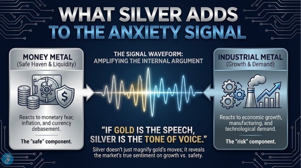 A professional 16:9 landscape infographic titled "What Silver Adds To The Anxiety Signal." The visual illustrates Silver's dual identity with a central split design: "Money Metal" (Safe Haven) vs. "Industrial Metal" (Growth). A central "Signal Waveform" connects them, illustrating the metaphor "If Gold is the Speech, Silver is the Tone of Voice."