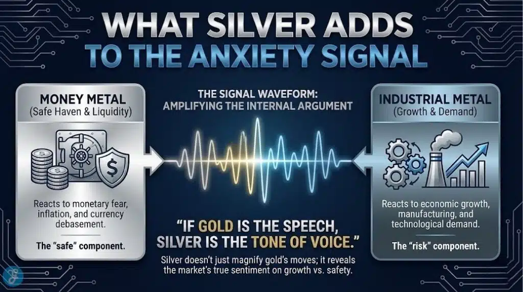 A professional 16:9 landscape infographic titled "What Silver Adds To The Anxiety Signal." The visual illustrates Silver's dual identity with a central split design: "Money Metal" (Safe Haven) vs. "Industrial Metal" (Growth). A central "Signal Waveform" connects them, illustrating the metaphor "If Gold is the Speech, Silver is the Tone of Voice."
