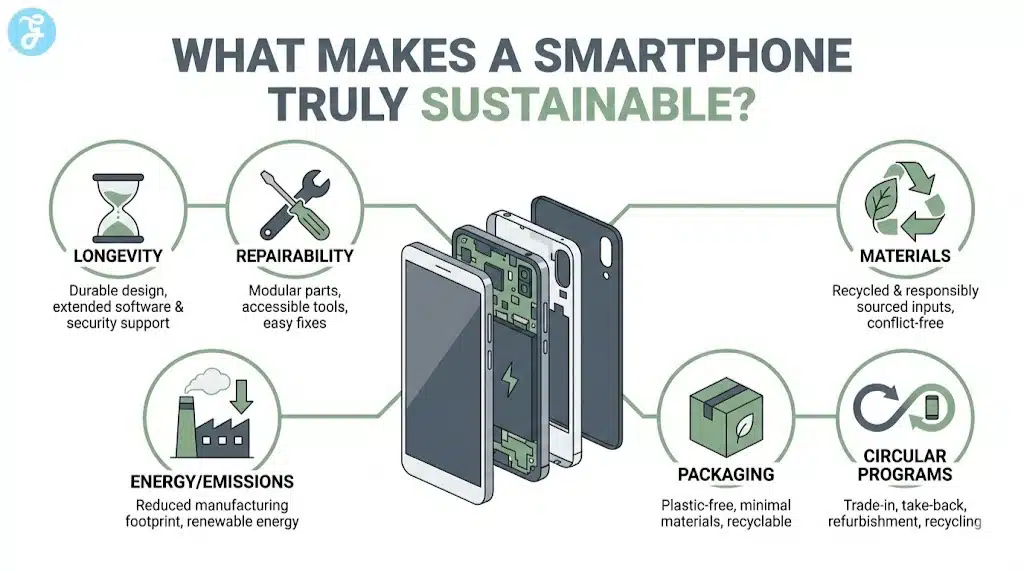 Infographic illustrating the six pillars of eco-friendly smartphones: Longevity, Repairability, Materials, Energy, Packaging, and Circular Programs.