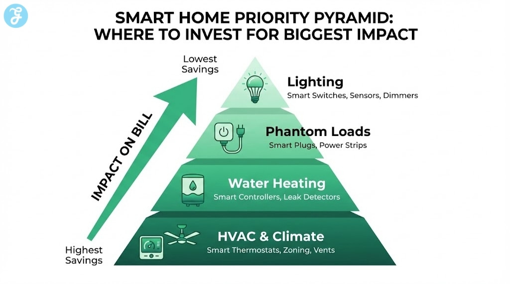 A pyramid chart showing the hierarchy of energy savings, prioritizing HVAC and Water Heating over Lighting for maximum cost reduction.