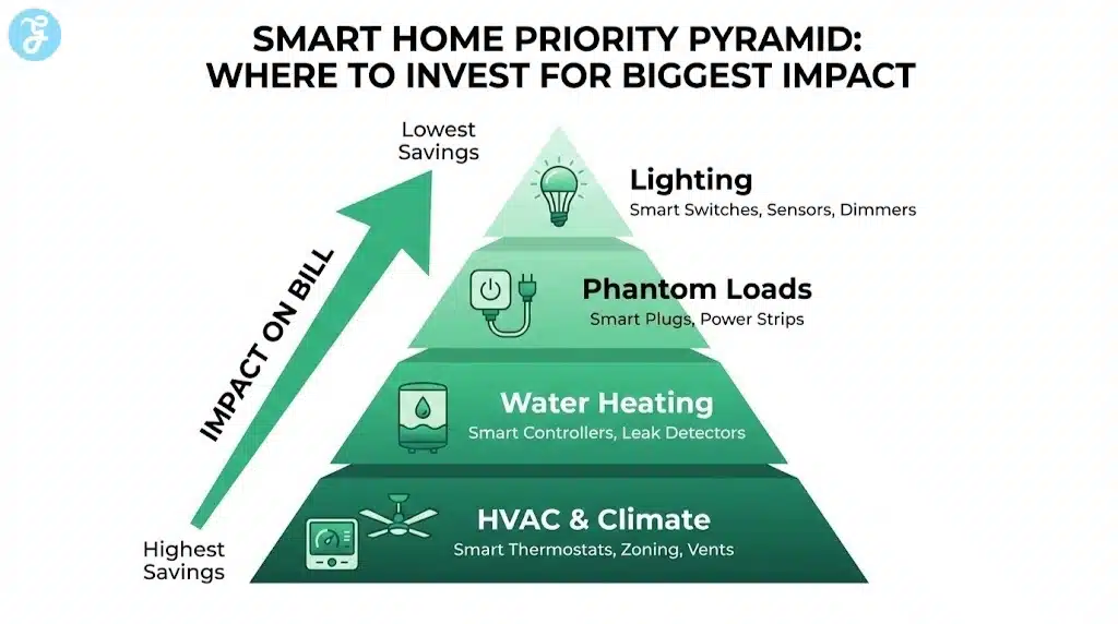 A pyramid chart showing the hierarchy of energy savings, prioritizing HVAC and Water Heating over Lighting for maximum cost reduction.