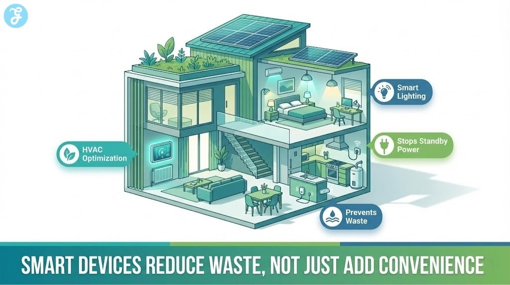 Isometric view of a smart home highlighting energy-saving devices like smart thermostats, leak detectors, and smart plugs.