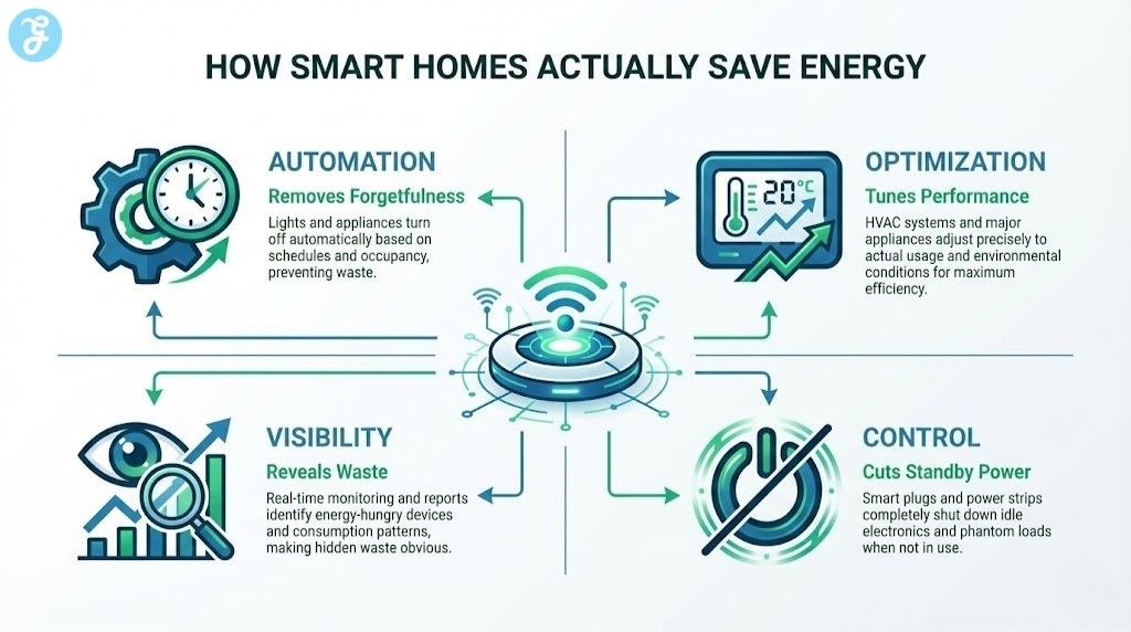 Infographic illustrating the four mechanisms of smart home energy savings: Automation, Optimization, Visibility, and Control.