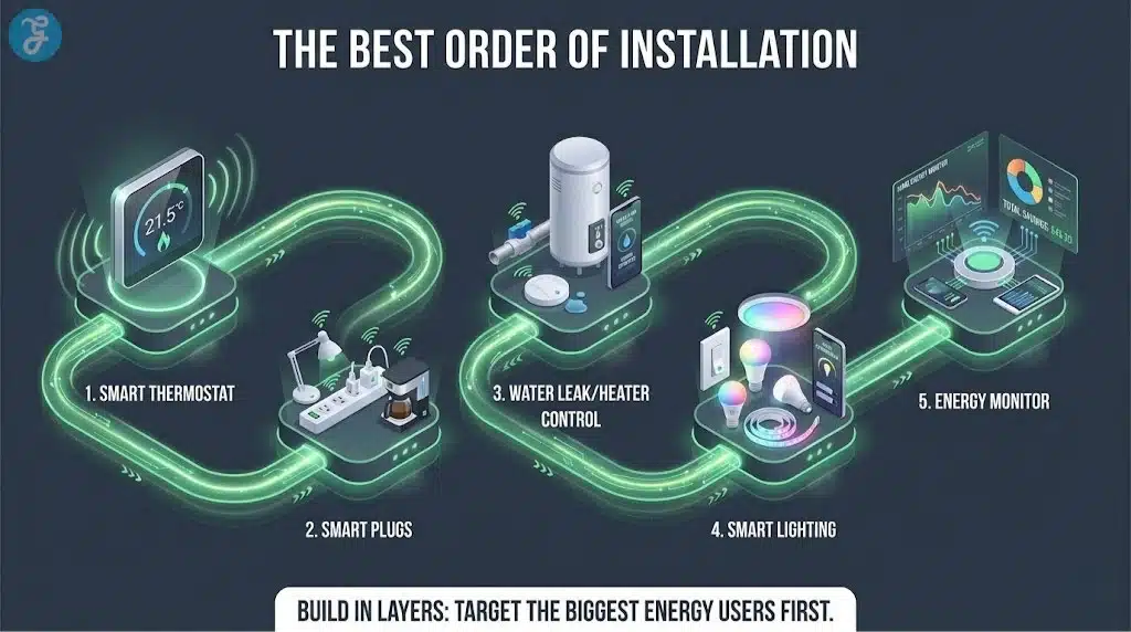A roadmap infographic showing the recommended order to install smart home devices: Thermostat first, followed by plugs, water control, lighting, and monitoring.