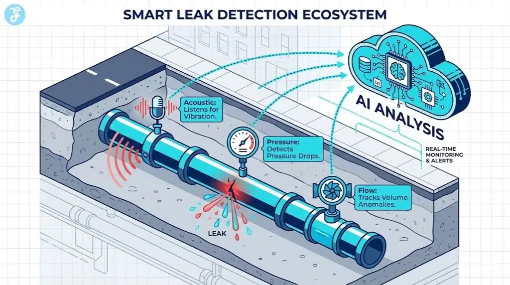 A cross-section infographic of a city street showing underground pipes and the three types of sensors (Acoustic, Pressure, Flow) sending data to an AI cloud.