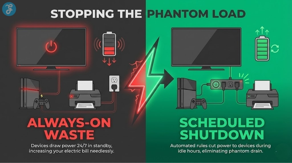 Comparison infographic showing how smart plugs and power strips stop phantom loads (standby power) from draining energy overnight.