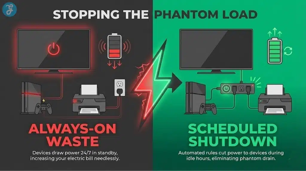 Comparison infographic showing how smart plugs and power strips stop phantom loads (standby power) from draining energy overnight.