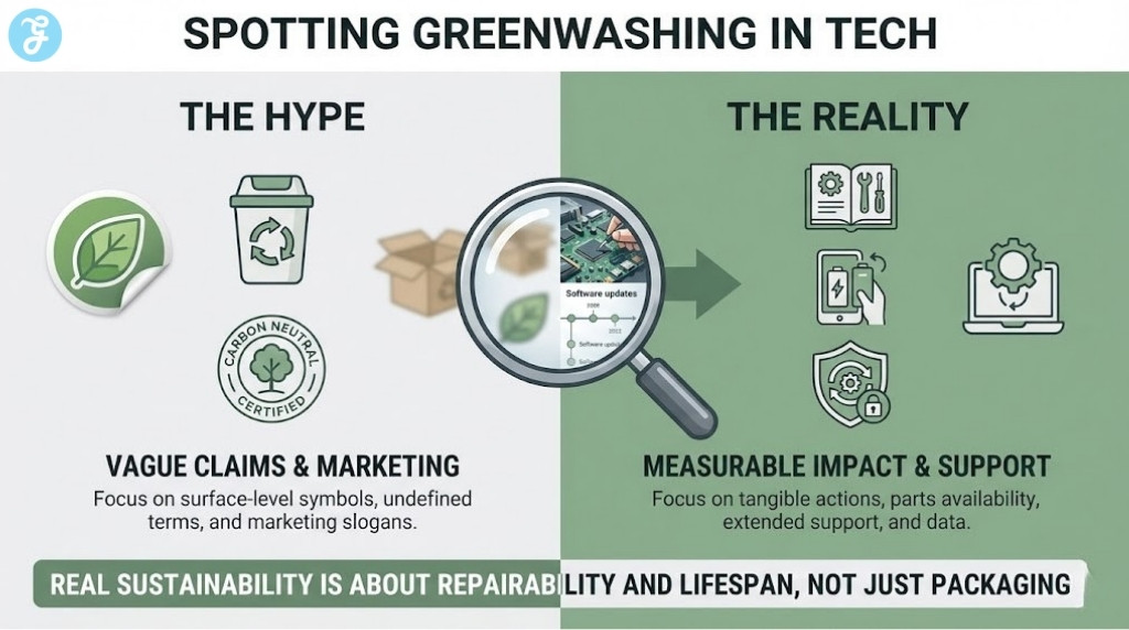Comparison infographic distinguishing between greenwashing marketing tactics and real sustainable smartphone features like repairability.