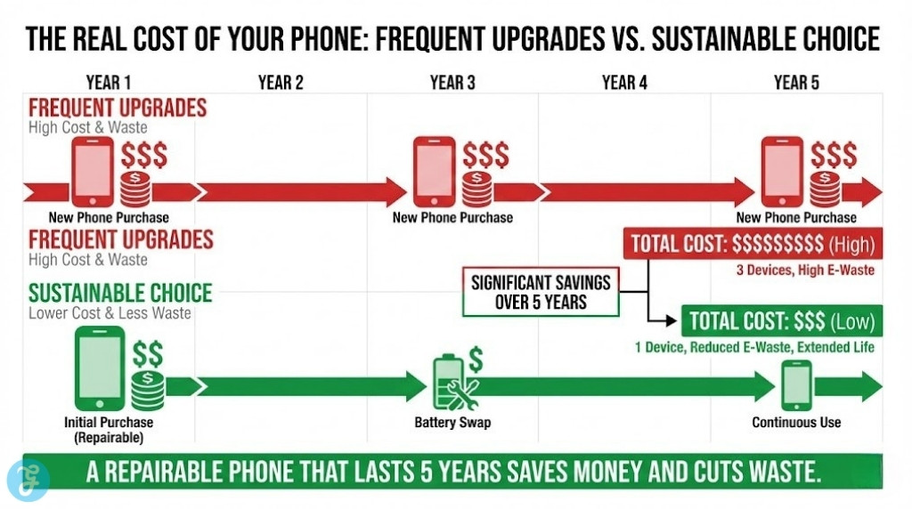 Financial comparison infographic showing the cost savings of keeping a repairable phone for 5 years versus frequent upgrades.