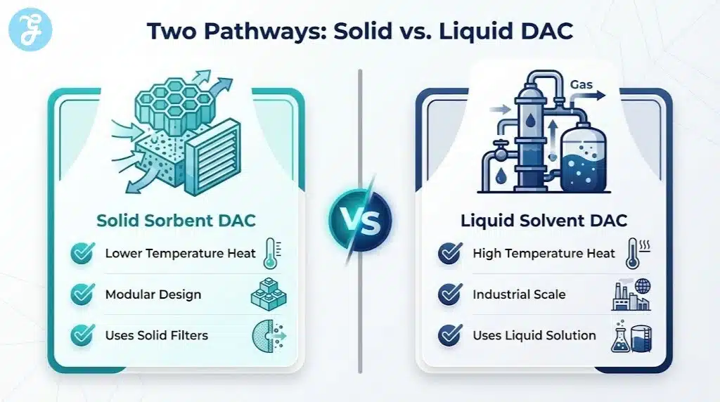 A split-screen comparison infographic contrasting Solid Sorbent DAC systems with Liquid Solvent DAC systems, highlighting their key features and differences.