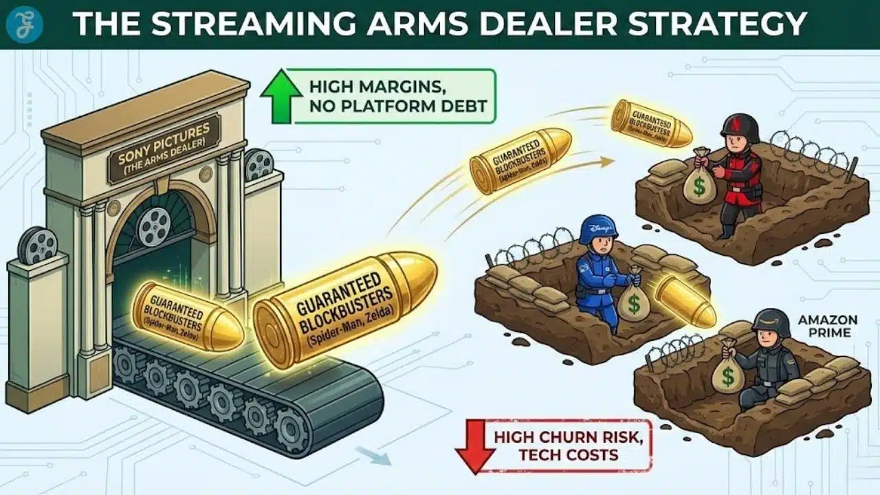 Infographic showing Sony's profitable "Arms Dealer" licensing model versus the high-cost "Walled Garden" streaming model.