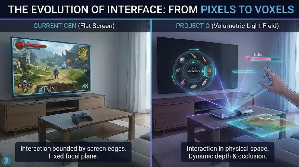 Comparison of 2D flat screen HUD versus floating volumetric holographic interface.