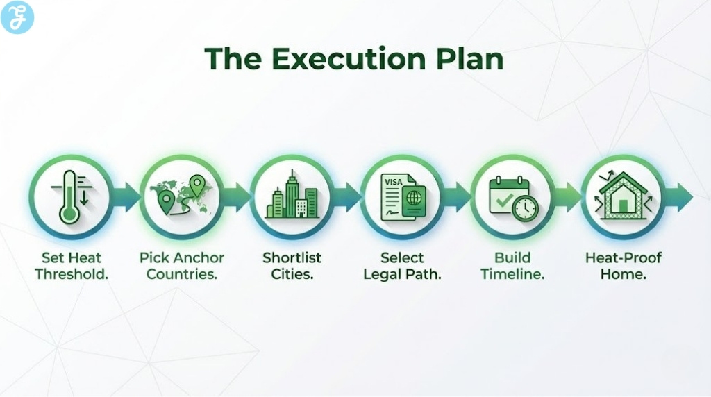 A horizontal roadmap infographic showing the six steps to executing a climate exit, from defining risk thresholds to household planning.