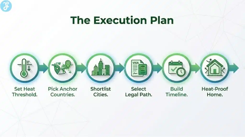 A horizontal roadmap infographic showing the six steps to executing a climate exit, from defining risk thresholds to household planning.