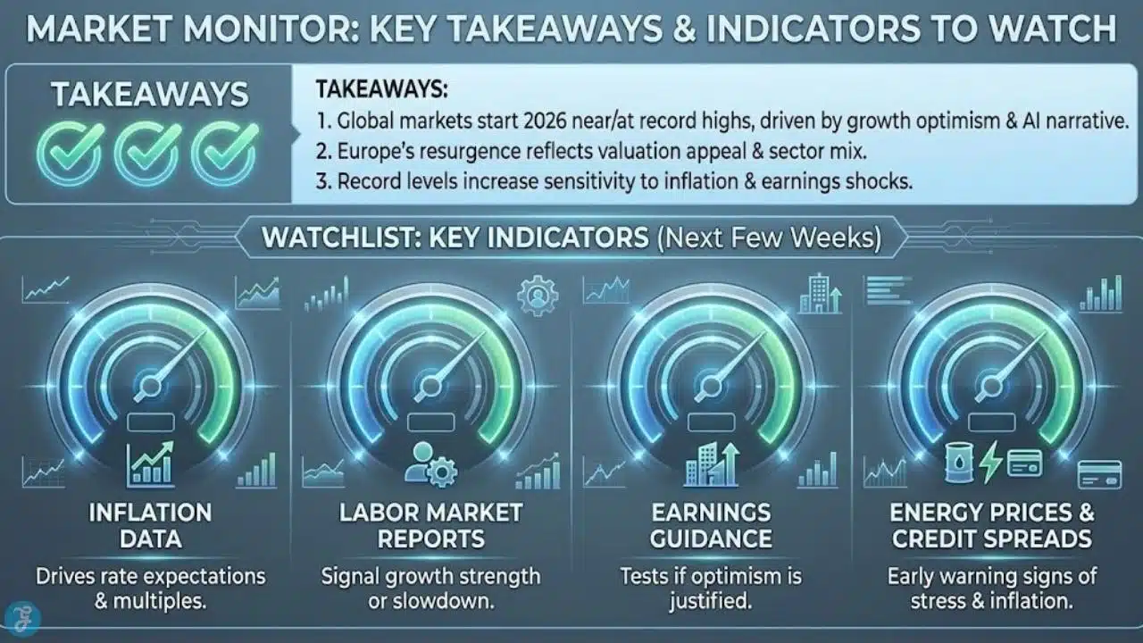 Financial dashboard infographic displaying key 2026 market takeaways, inflation data, and watchlist indicators for investors.