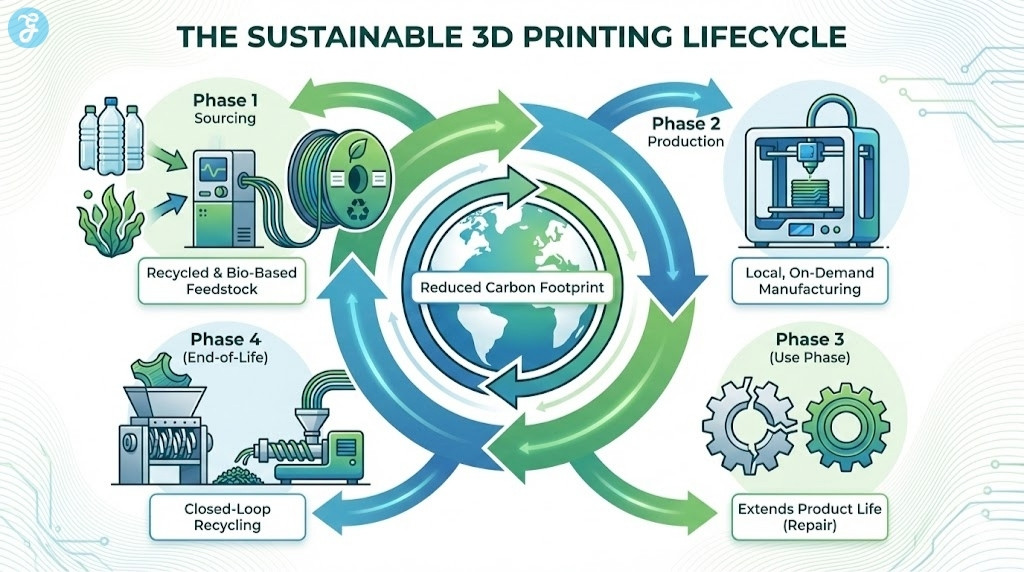 A circular lifecycle diagram showing the path of a sustainable 3D print: Sourcing (Algae/Recycled), Printing (Local), Use (Repair/Long-life), and End-of-Life (Recycle/Compost).