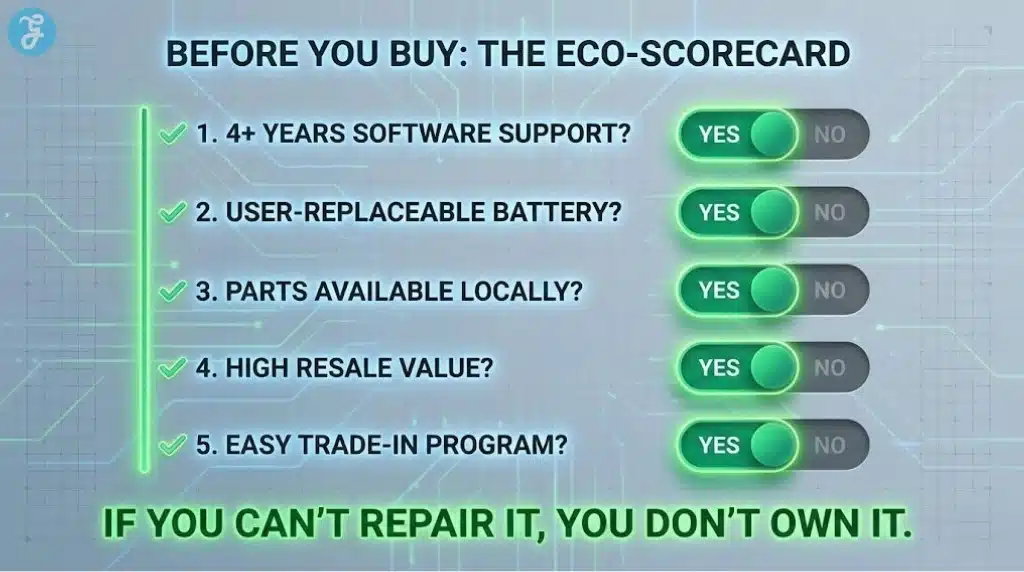 A buyer's checklist for sustainable smartphones, focusing on software support, battery replacement, parts availability, and resale value.