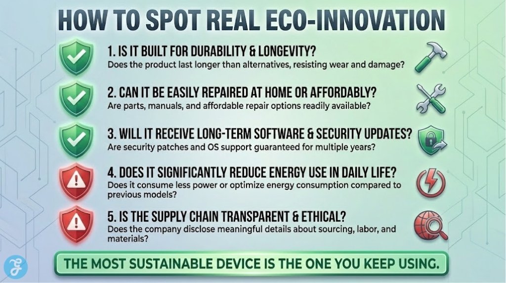 A buyer's guide scorecard for green technology, listing criteria like durability, repairability, and supply chain transparency.