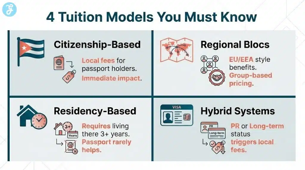 A four-quadrant infographic breaking down the different university fee models: Citizenship, Regional Blocs, Residency, and Hybrid systems.