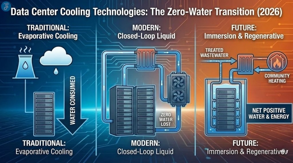 Diagram illustrating the shift from evaporative cooling to closed-loop and regenerative zero-water systems.